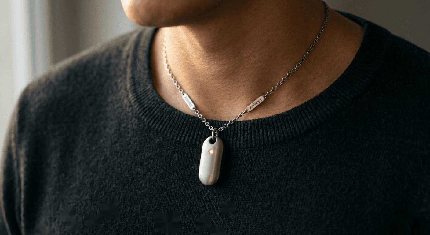 Man wearing Anticipy pendant with dark sweater
