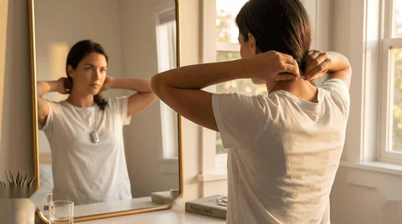 Woman putting on Anticipy pendant in mirror