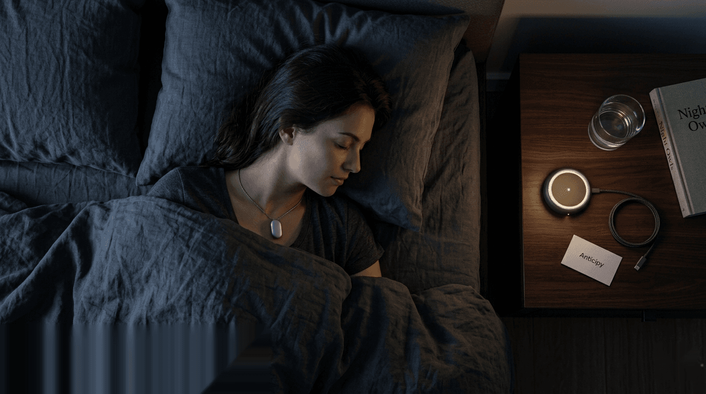 Woman sleeping peacefully — Anticipy pendant charging on nightstand